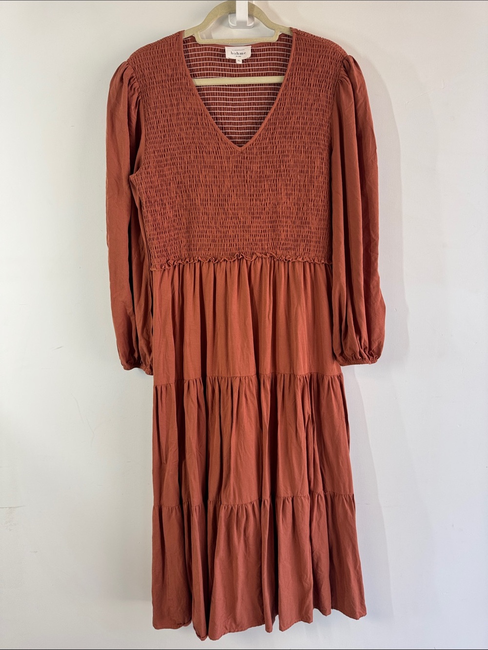 Bohme Smocked Tiered Midi Maxi Dress Rust XL Boho Cottagecore Fall Flowy Chic